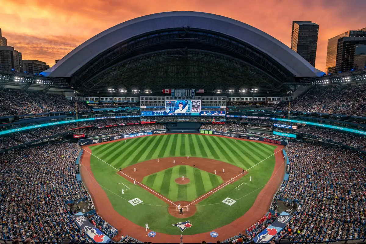 Rogers Centre during a Toronto Blue Jays game at golden hour